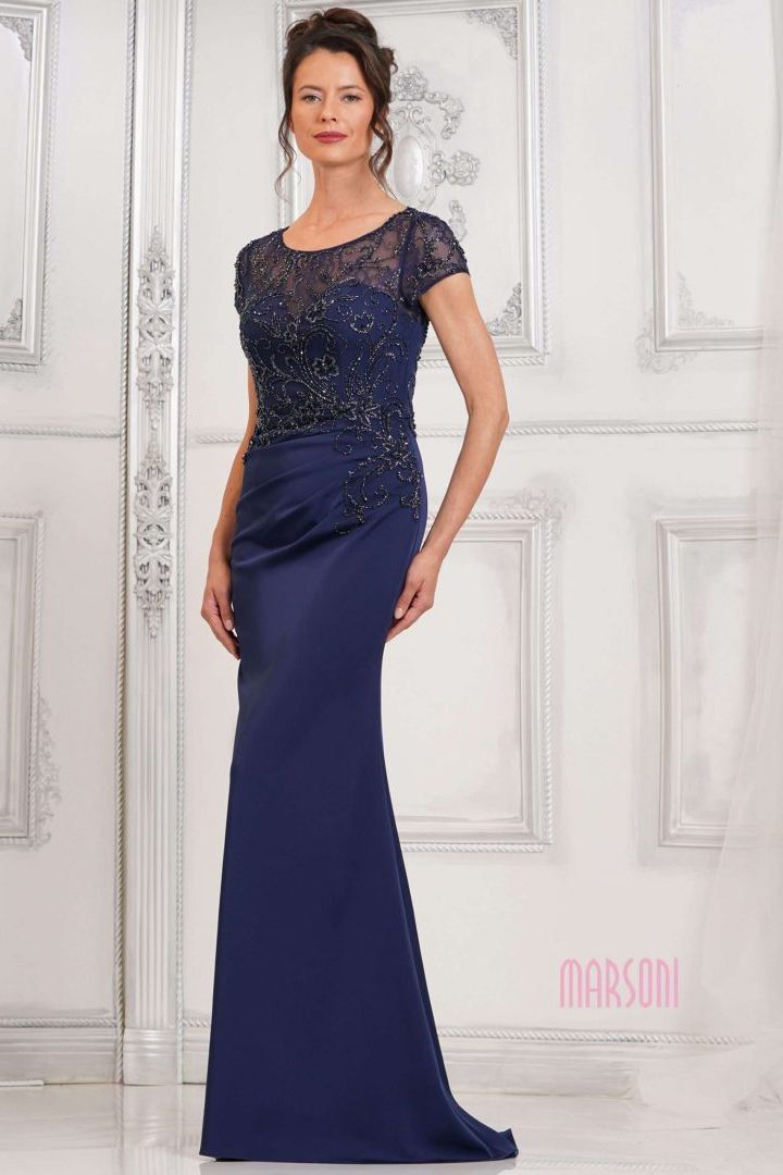 Marsoni by Colors -MV1317 Beaded Bodice Ruched Fitted Sheath Dress