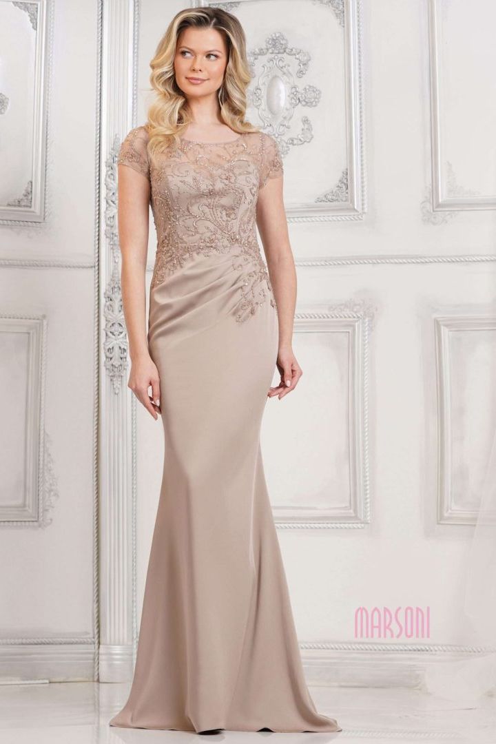 Marsoni by Colors -MV1317 Beaded Bodice Ruched Fitted Sheath Dress