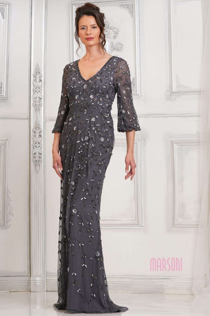 Marsoni by Colors -MV1320 V-Neck Beaded Applique Sheath Dress