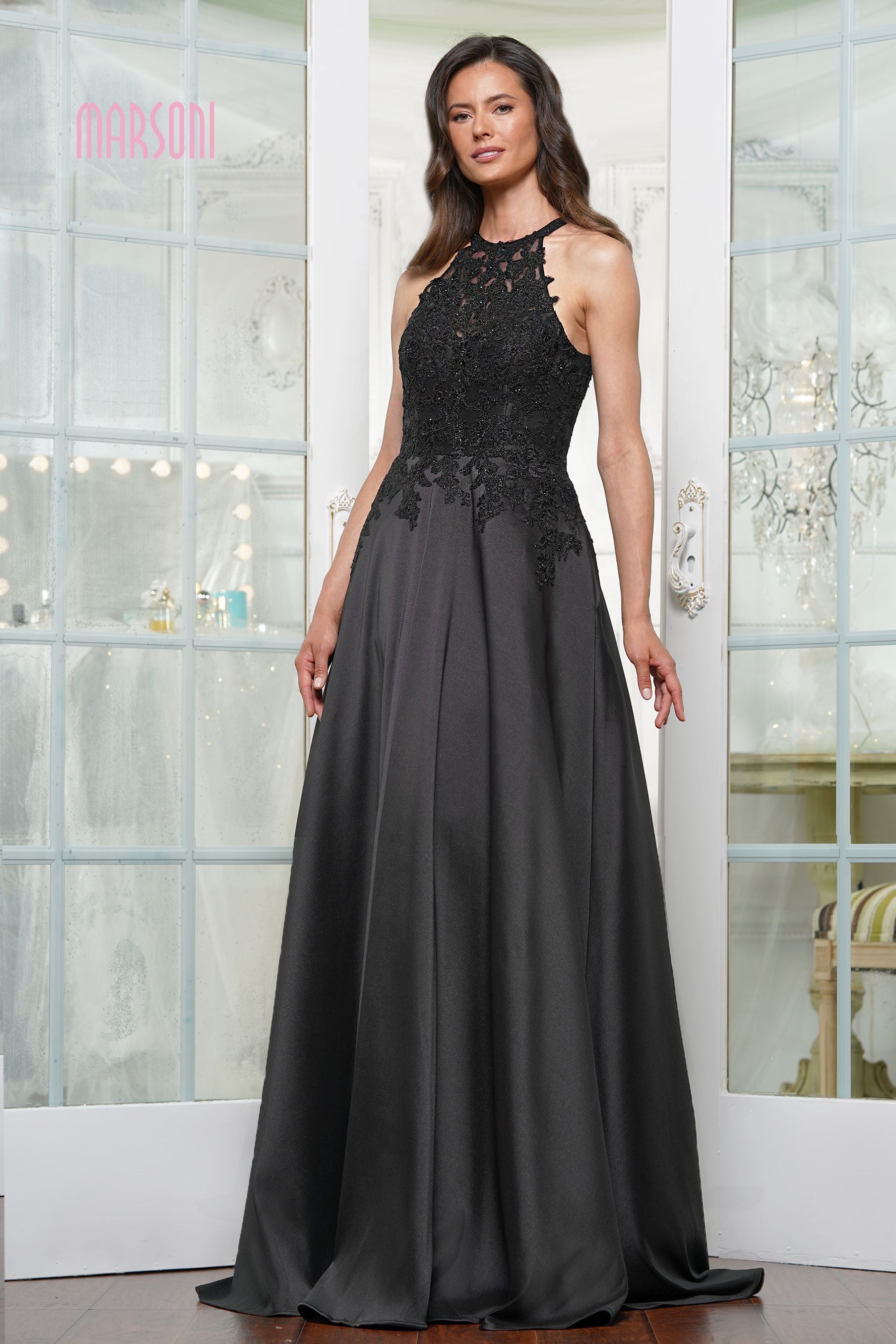 Marsoni by Colors -MV1329 Embroidered Halter A-line Gown