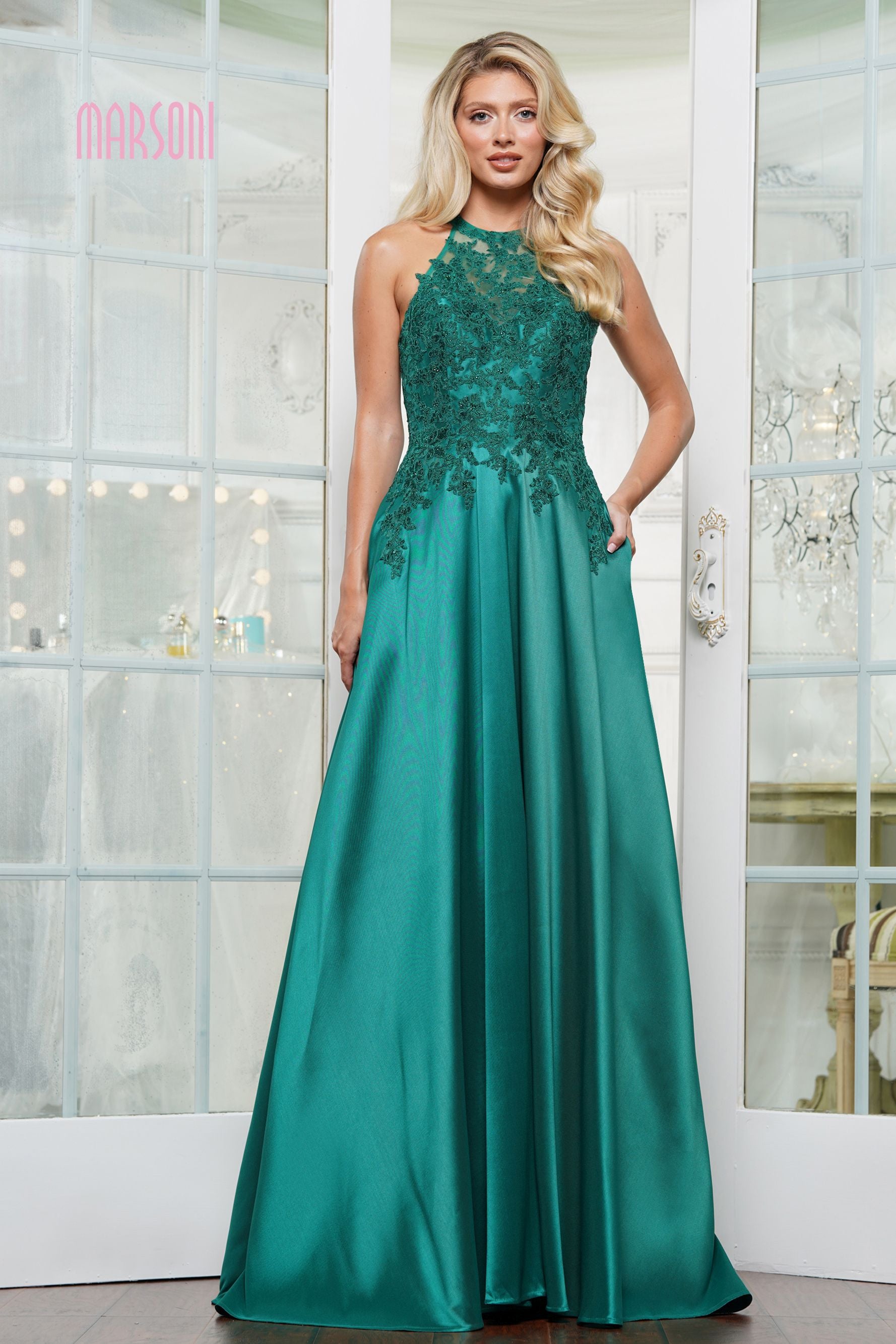 Marsoni by Colors -MV1329 Embroidered Halter A-line Gown