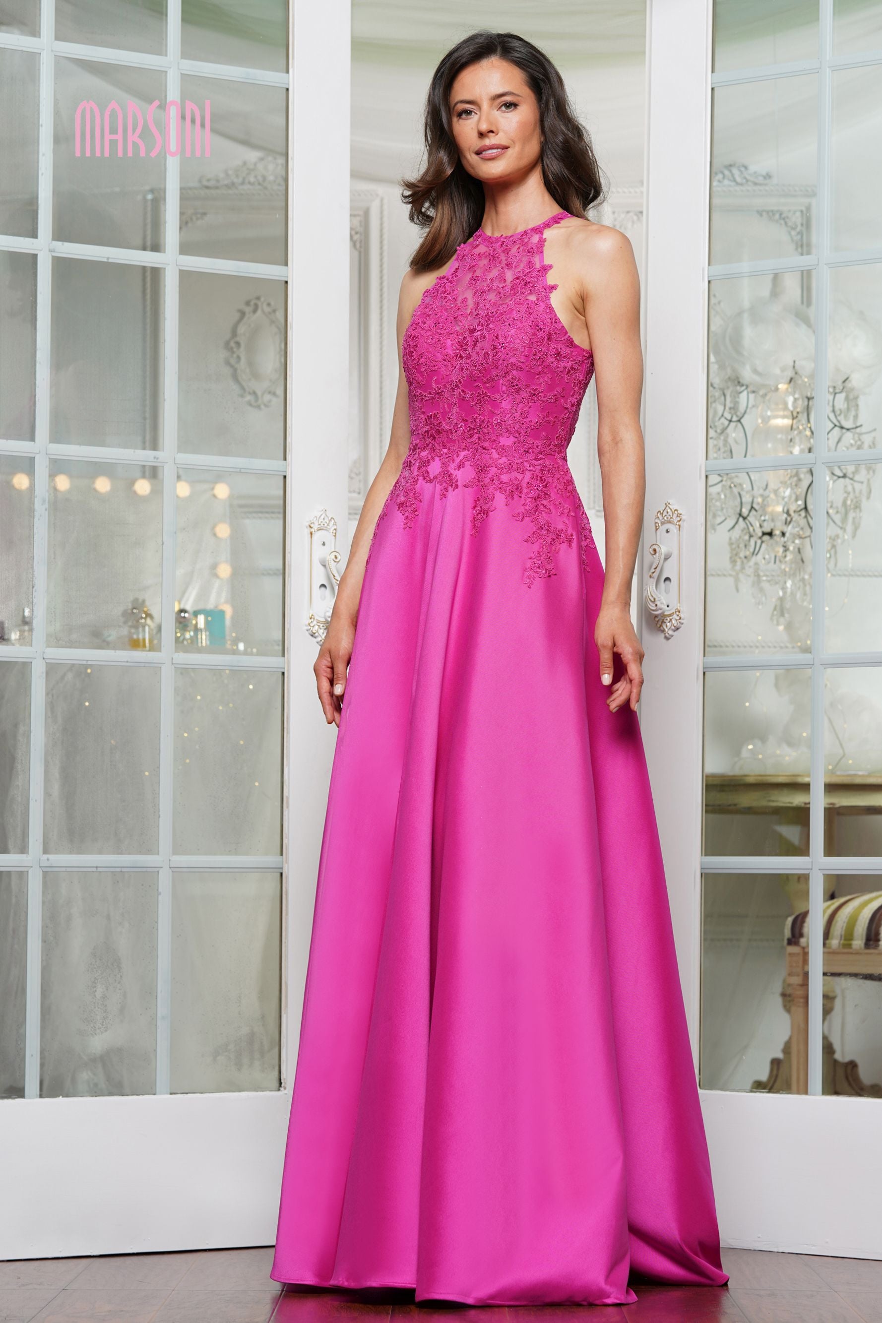 Marsoni by Colors -MV1329 Embroidered Halter A-line Gown
