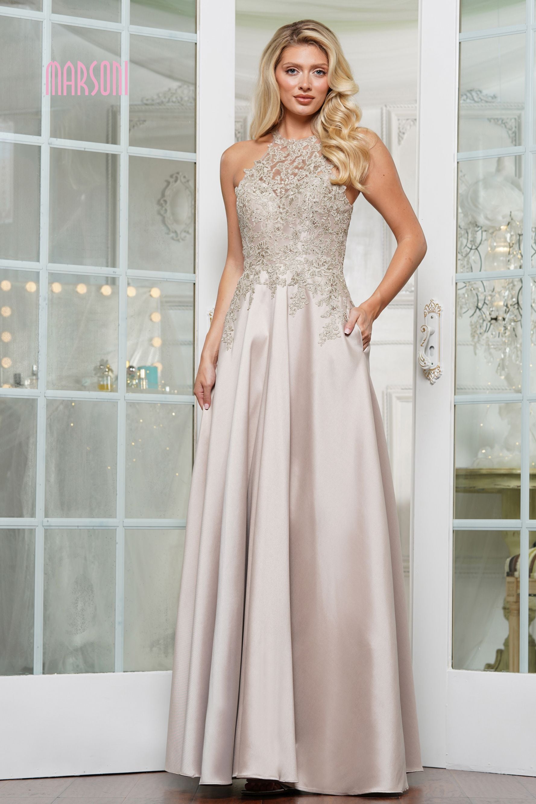 Marsoni by Colors -MV1329 Embroidered Halter A-line Gown