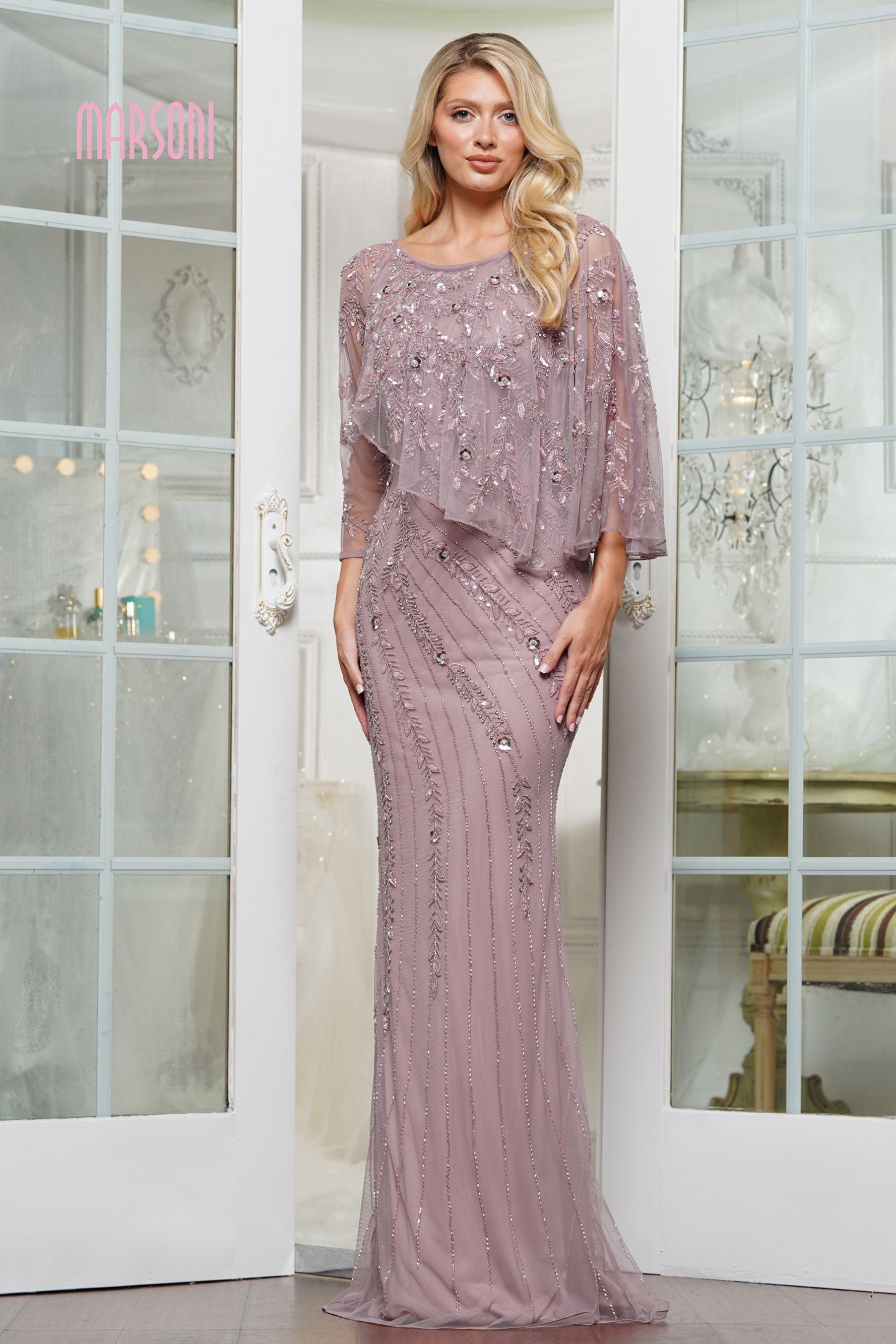 Marsoni by Colors -MV1343 Rhinestone Embellished Column Evening Gown