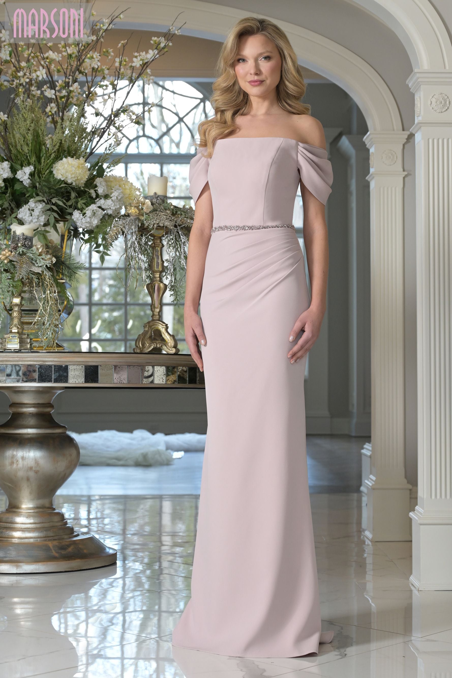 Marsoni by Colors -MV1352 Off The Shoulder Stretch Crepe Gown