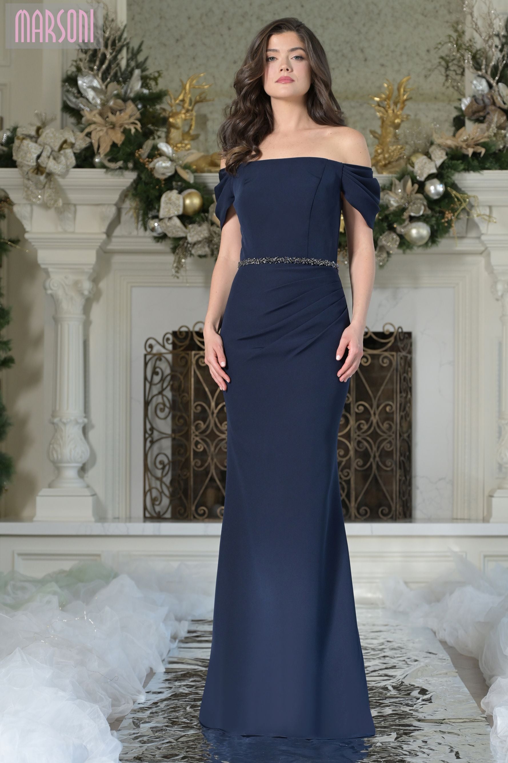 Marsoni by Colors -MV1352 Off The Shoulder Stretch Crepe Gown