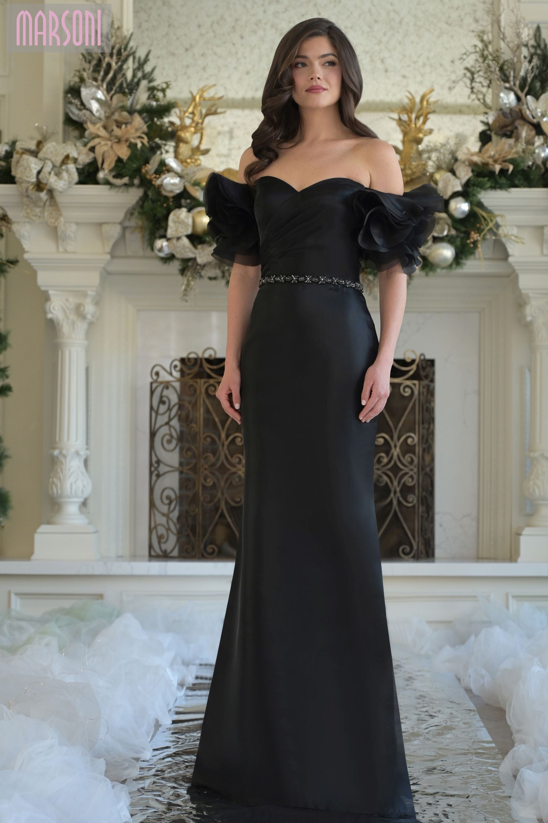 Marsoni by Colors -MV1353 Off Shoulder Puff Sleeve Gown