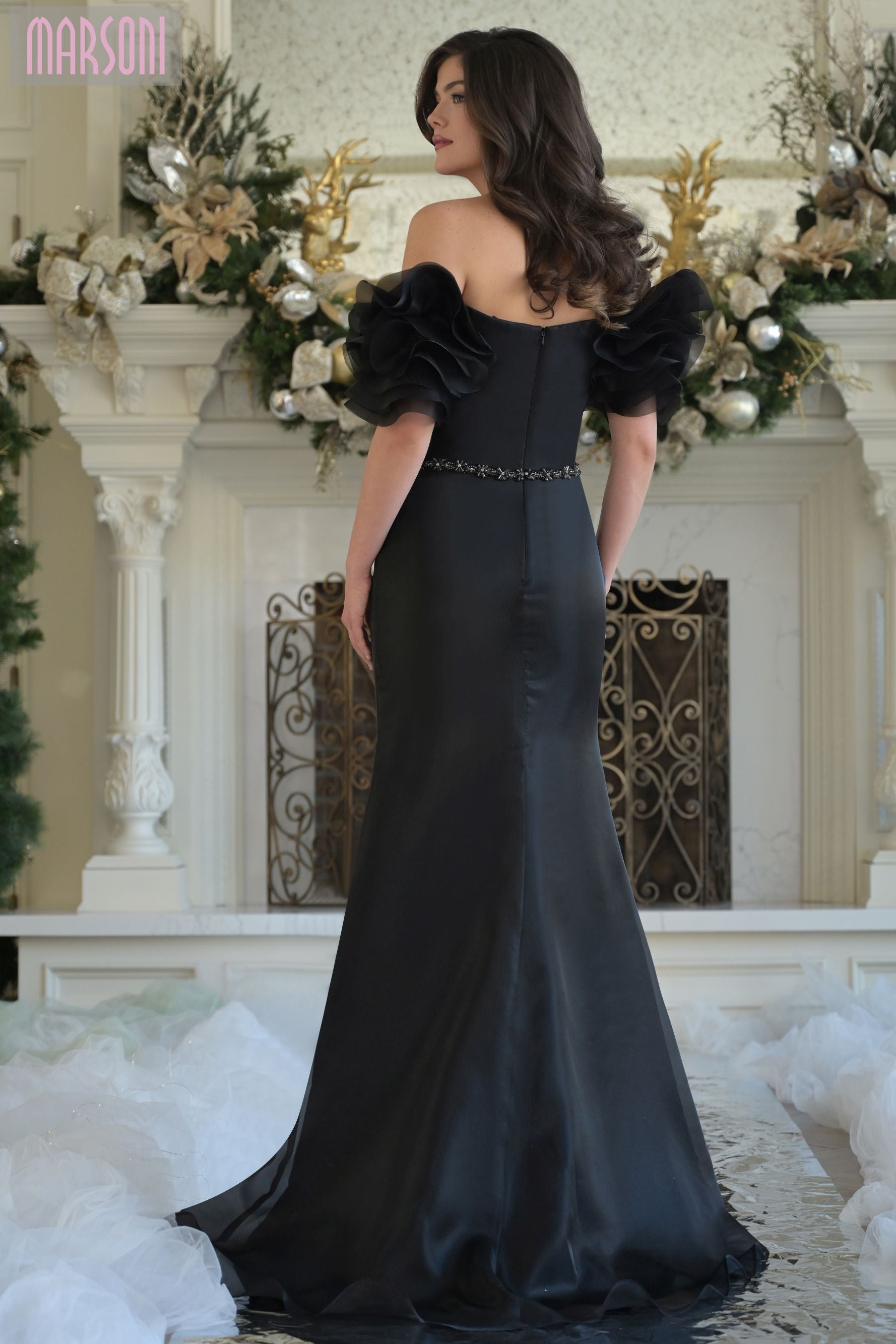 Marsoni by Colors -MV1353 Off Shoulder Puff Sleeve Gown