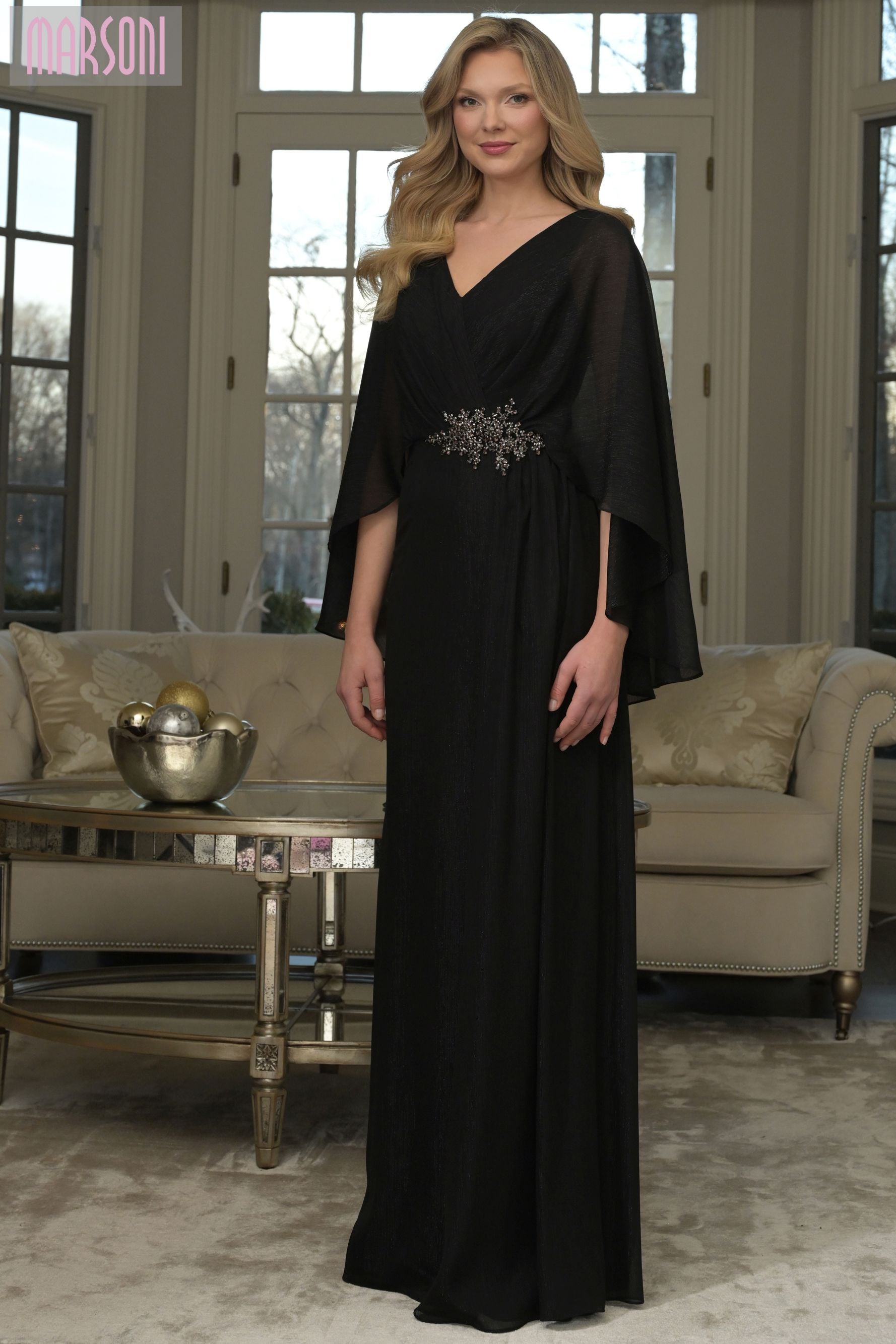 Marsoni by Colors -MV1361 V-Neck A-line Metallic Chiffon Gown