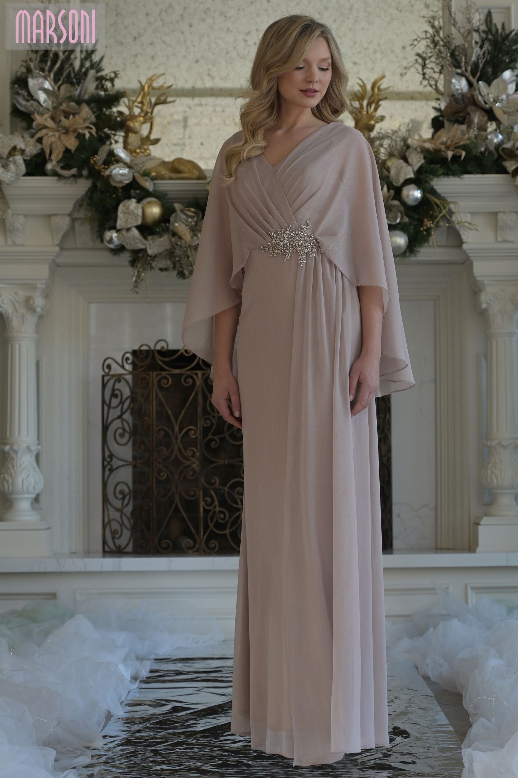 Marsoni by Colors -MV1361 V-Neck A-line Metallic Chiffon Gown