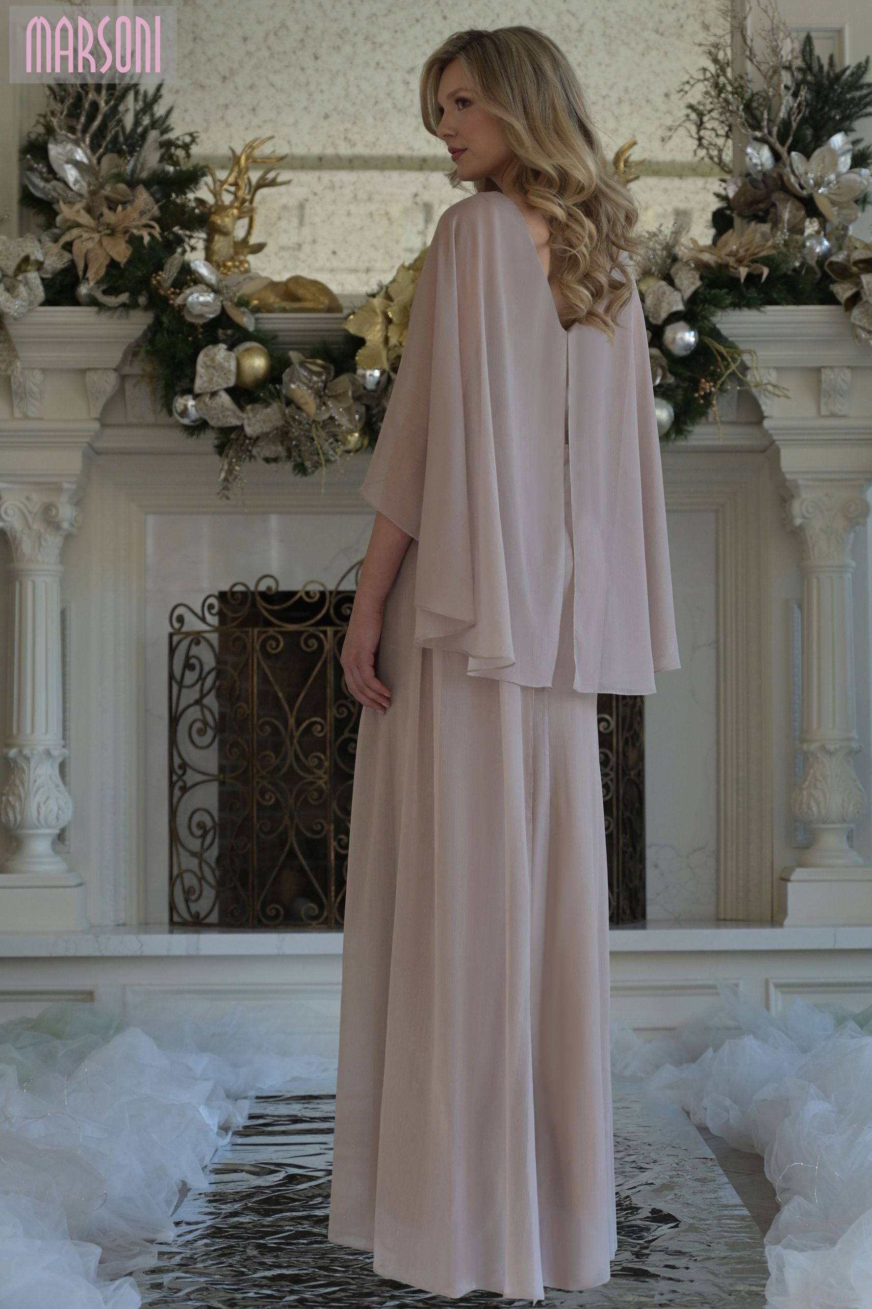 Marsoni by Colors -MV1361 V-Neck A-line Metallic Chiffon Gown