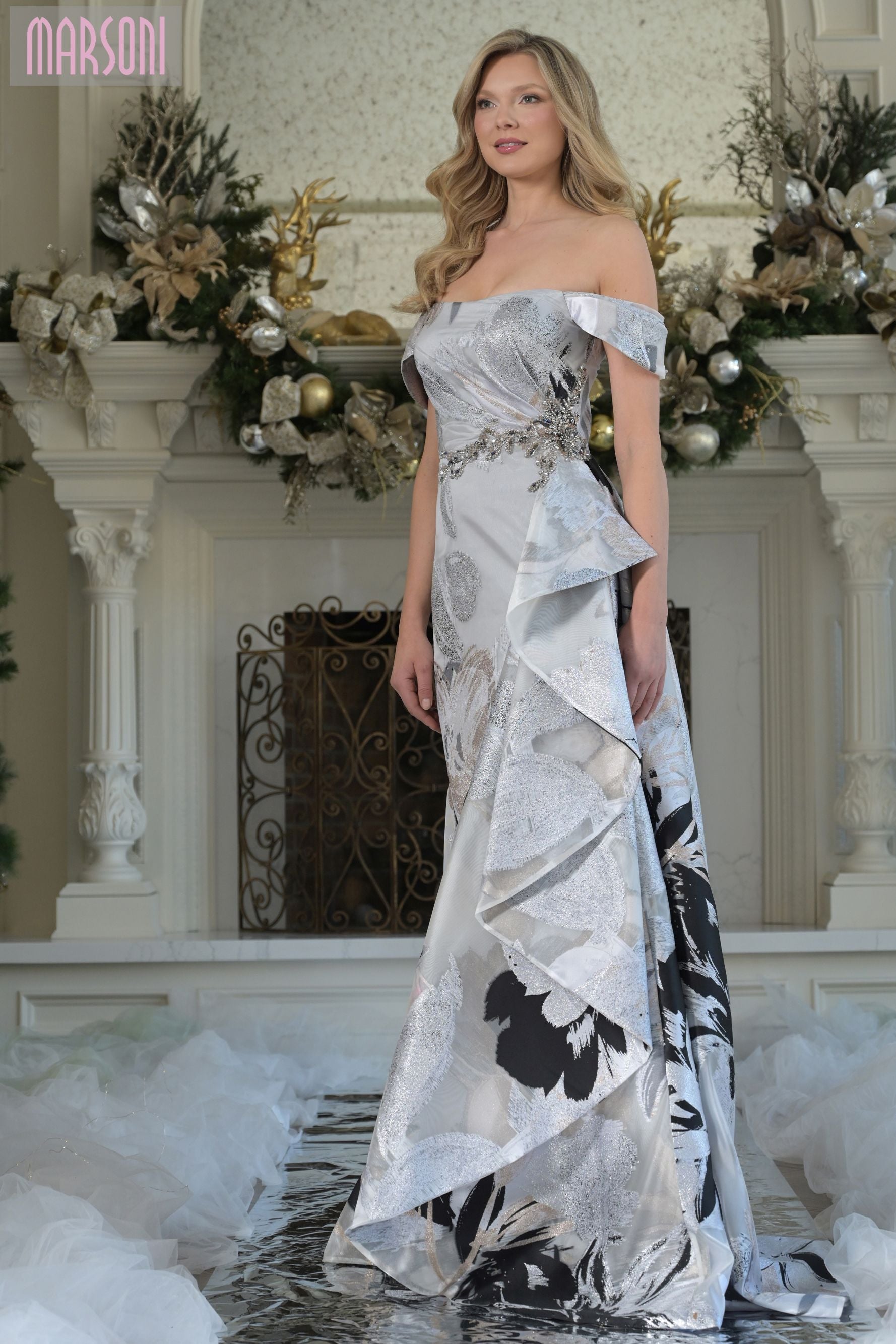 Marsoni by Colors -MV1368 Off Shoulder Sheath Long Gown