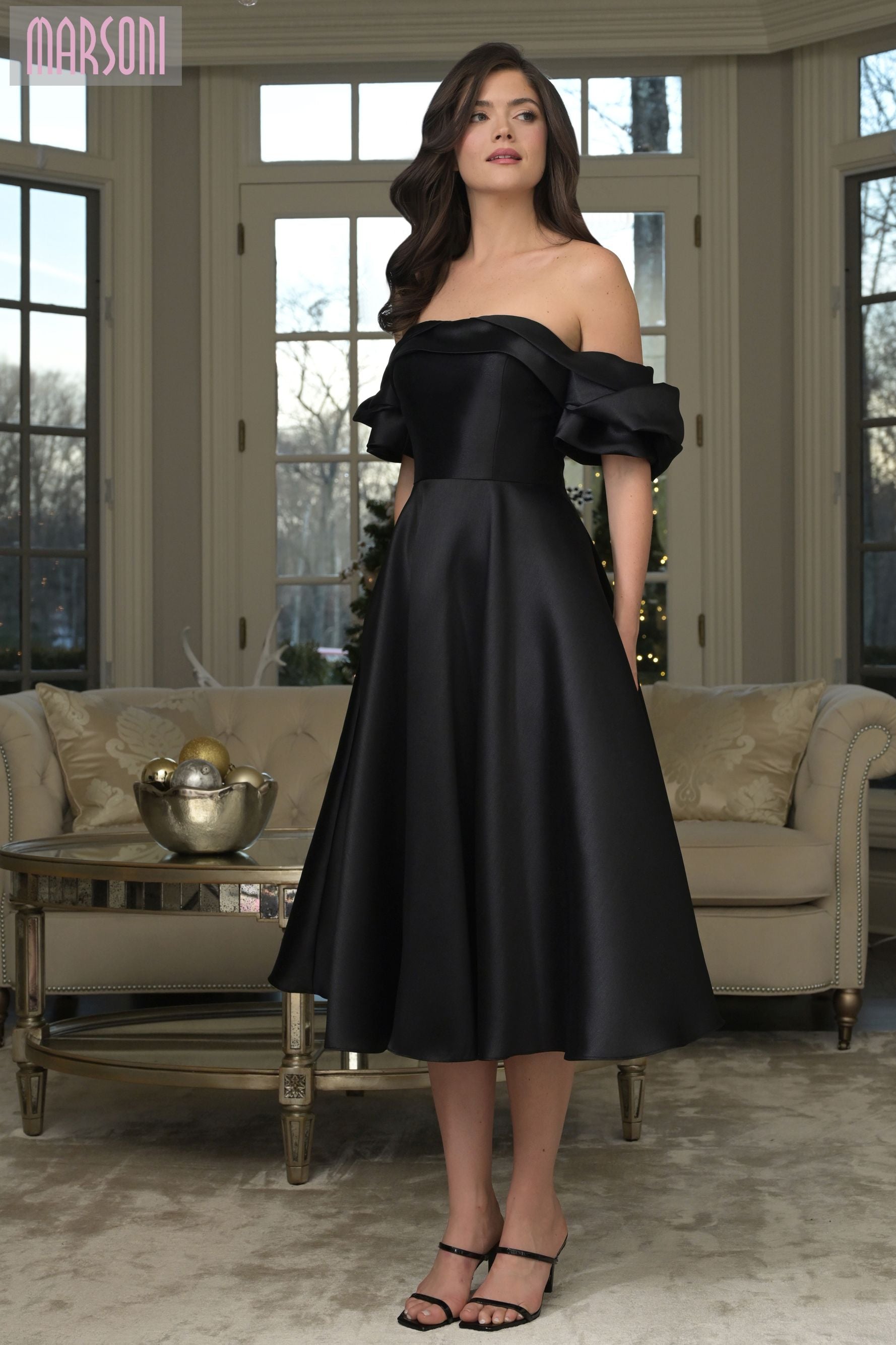 Marsoni by Colors -MV1369 Off Shoulder Tea-Length Dress