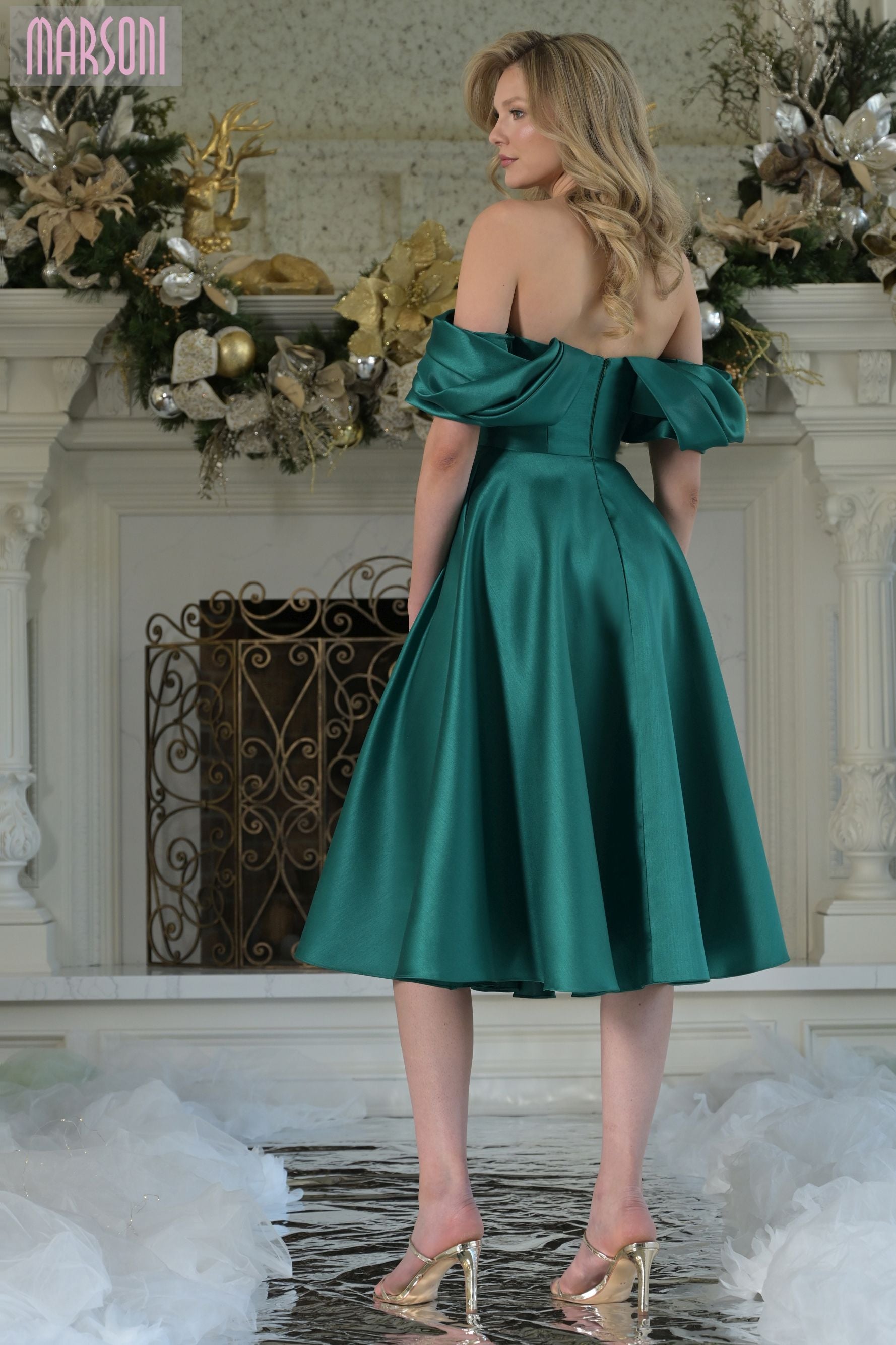 Marsoni by Colors -MV1369 Off Shoulder Tea-Length Dress