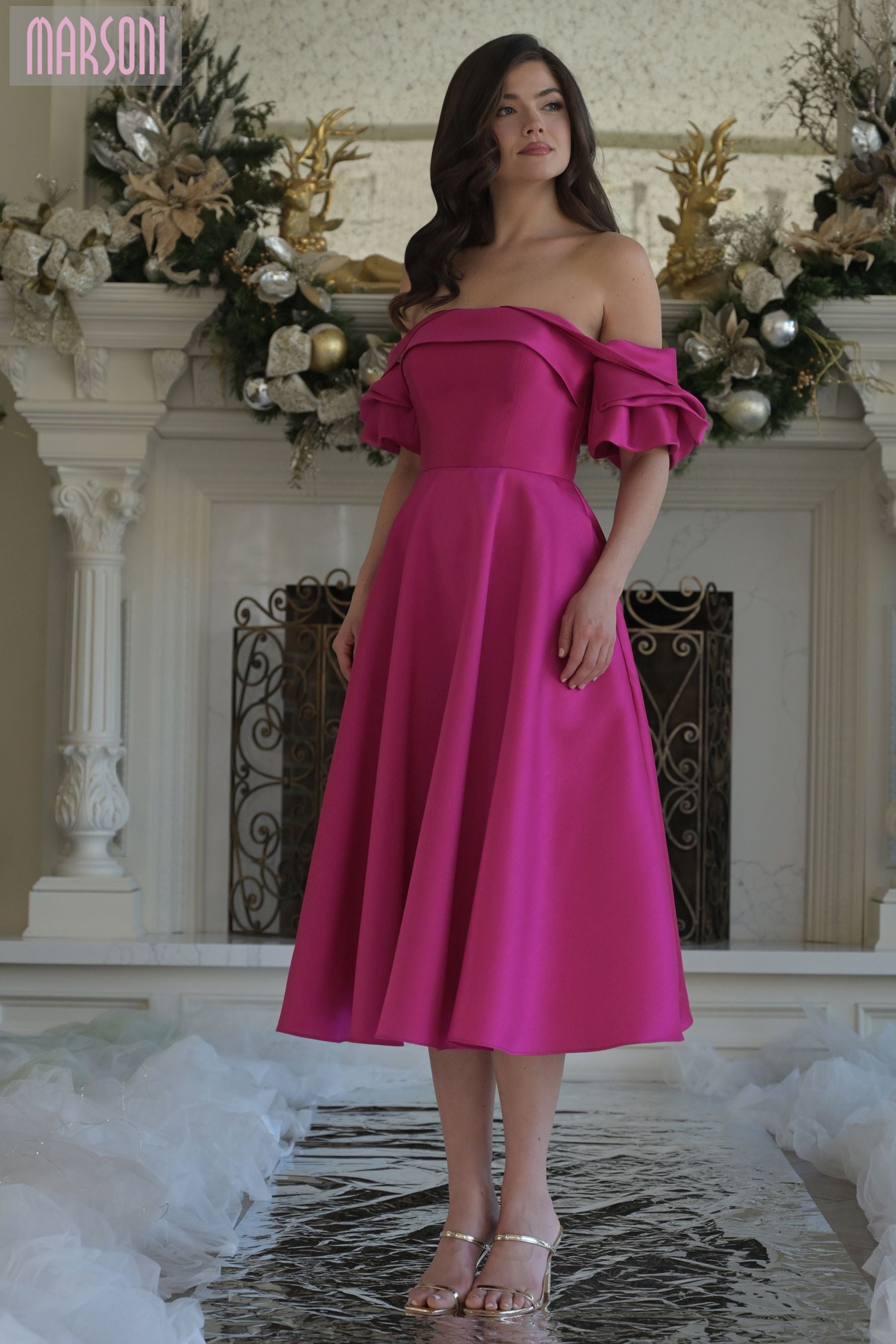 Marsoni by Colors -MV1369 Off Shoulder Tea-Length Dress