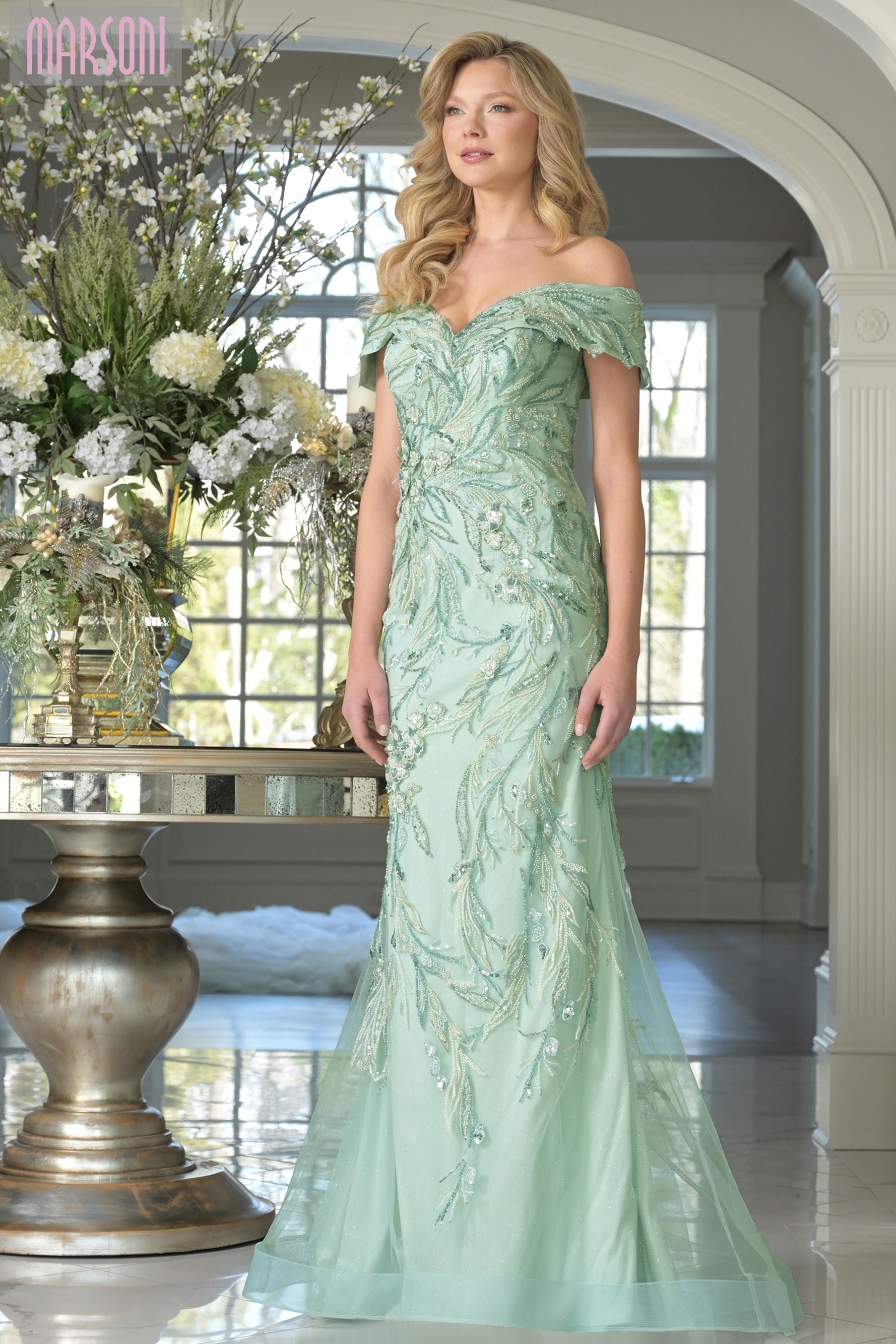 Marsoni by Colors -MV1372 Beaded Off Shoulder Evening Gown