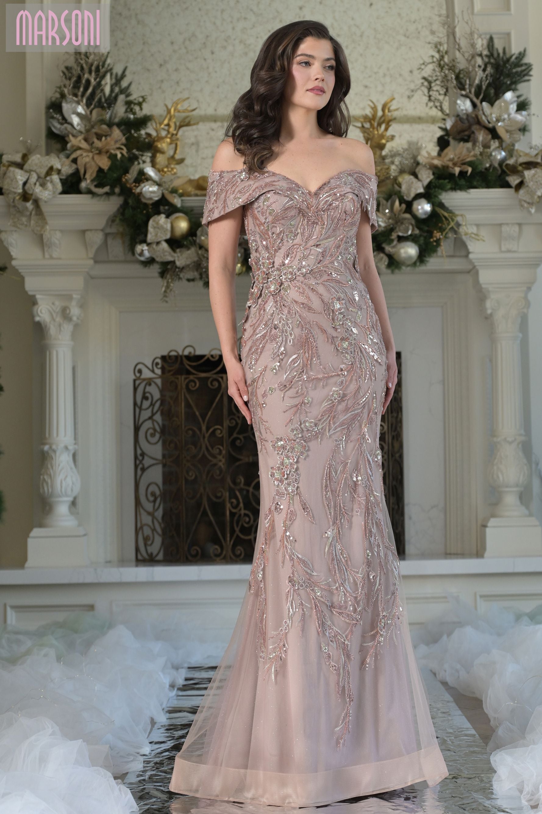 Marsoni by Colors -MV1372 Beaded Off Shoulder Evening Gown
