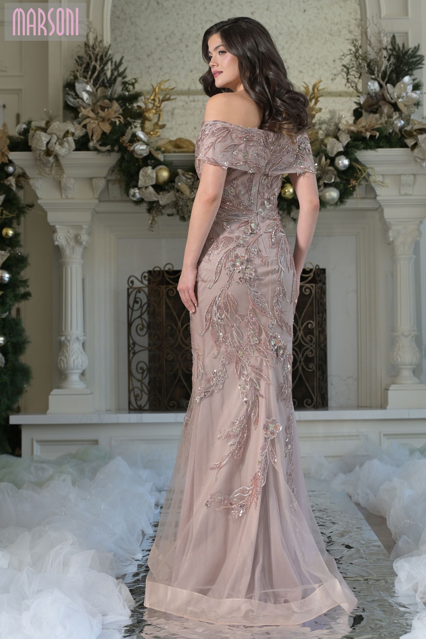 Marsoni by Colors -MV1372 Beaded Off Shoulder Evening Gown