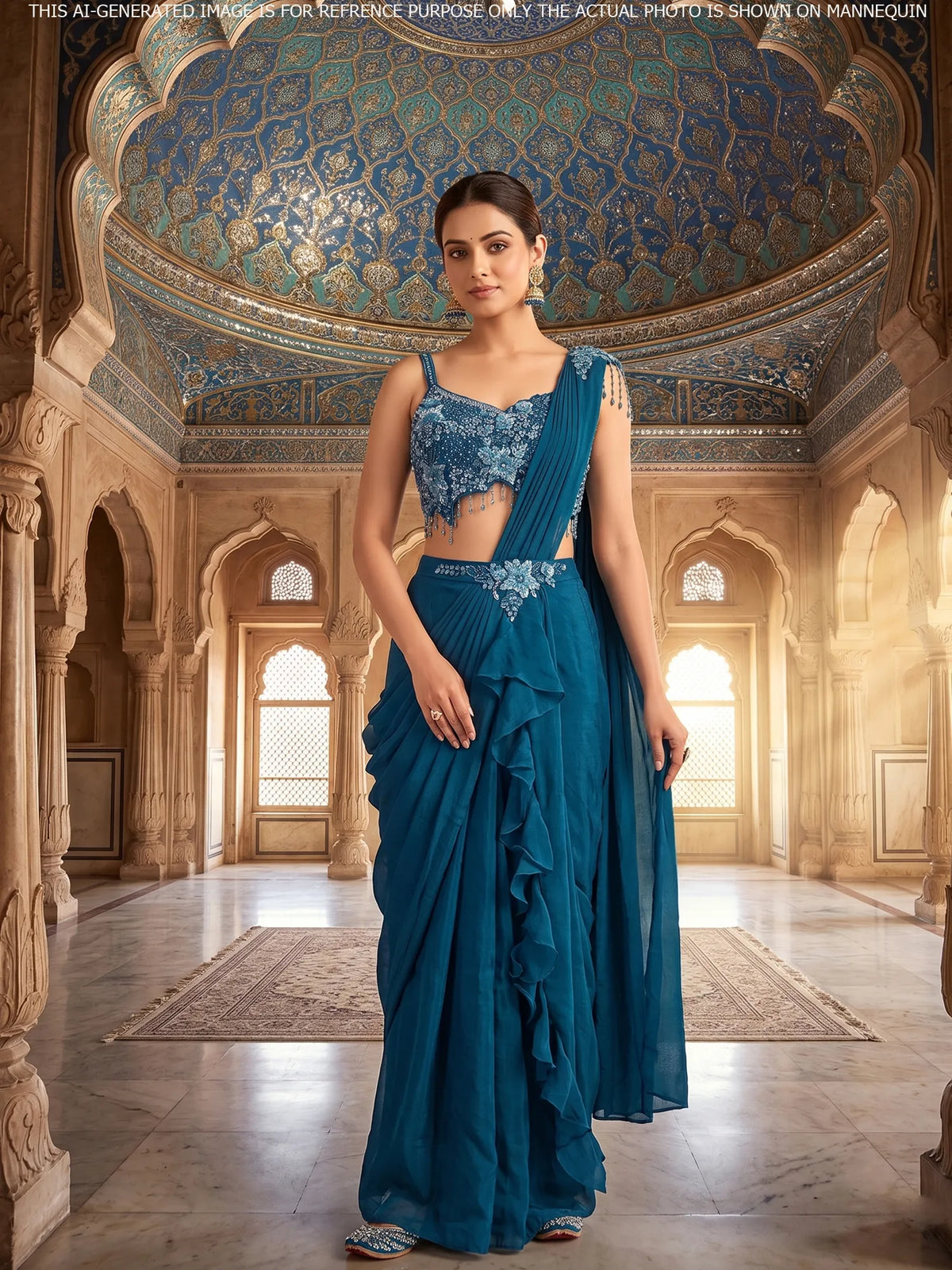 MyFashion KLS-2699 Teal Blue Party Wear Fendi Saree with Sequins Stone Work
