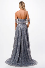 Aspeed Design -P2308 Shimmering Off Shoulder A Line Dress