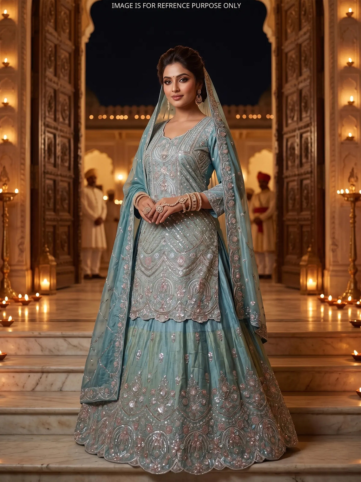 MyFashion KLS-2807 Premium Traditional Sky Blue Shimmer Peplum Lehenga With Pearl Work
