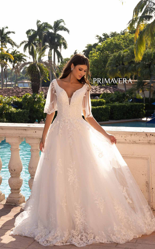 Primavera Couture -11134 V-neckline Long A-line Bridal Gown