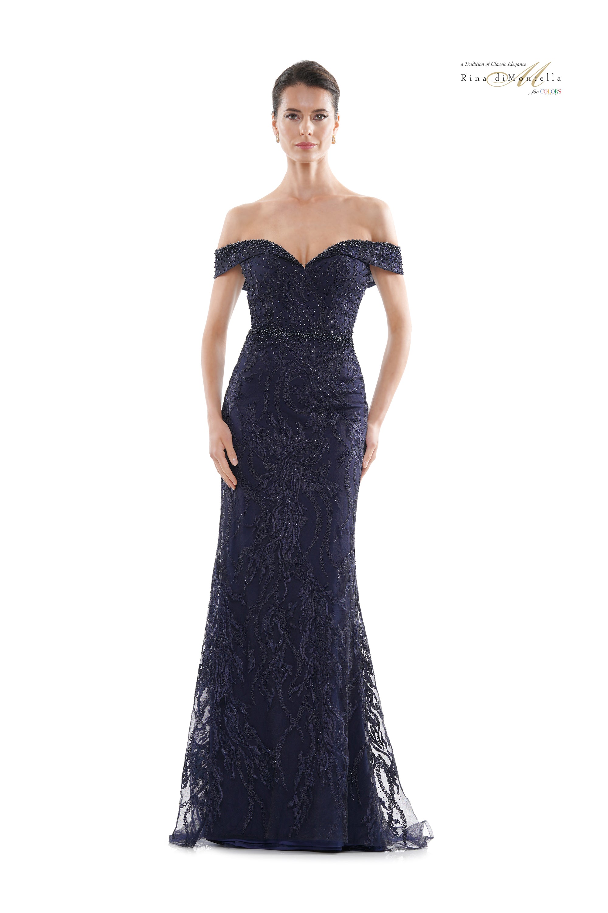 Rina Di Montella -RD2713-1 Embroidered Off Shoulder Trumpet Gown