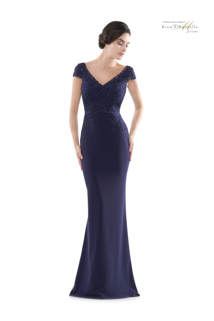 Rina Di Montella -RD2718-1 Beaded Embroidery Crepe Sheath Dress