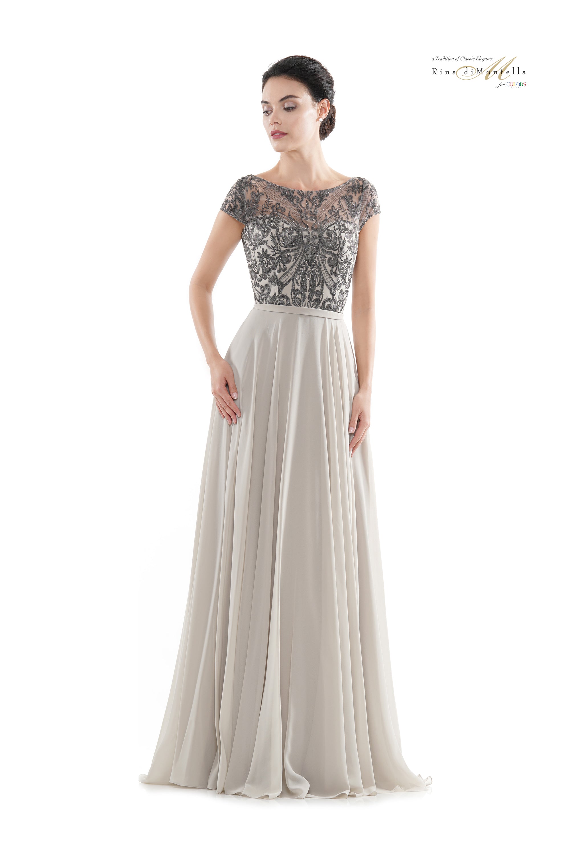 Rina Di Montella Sheer Neck Embroidered Bodice Chiffon Gown -RD2719