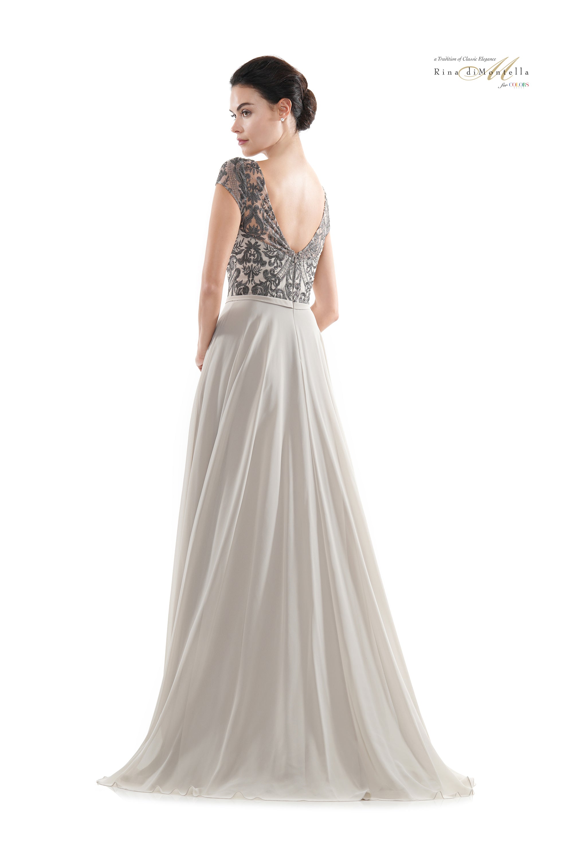 Rina Di Montella Sheer Neck Embroidered Bodice Chiffon Gown -RD2719