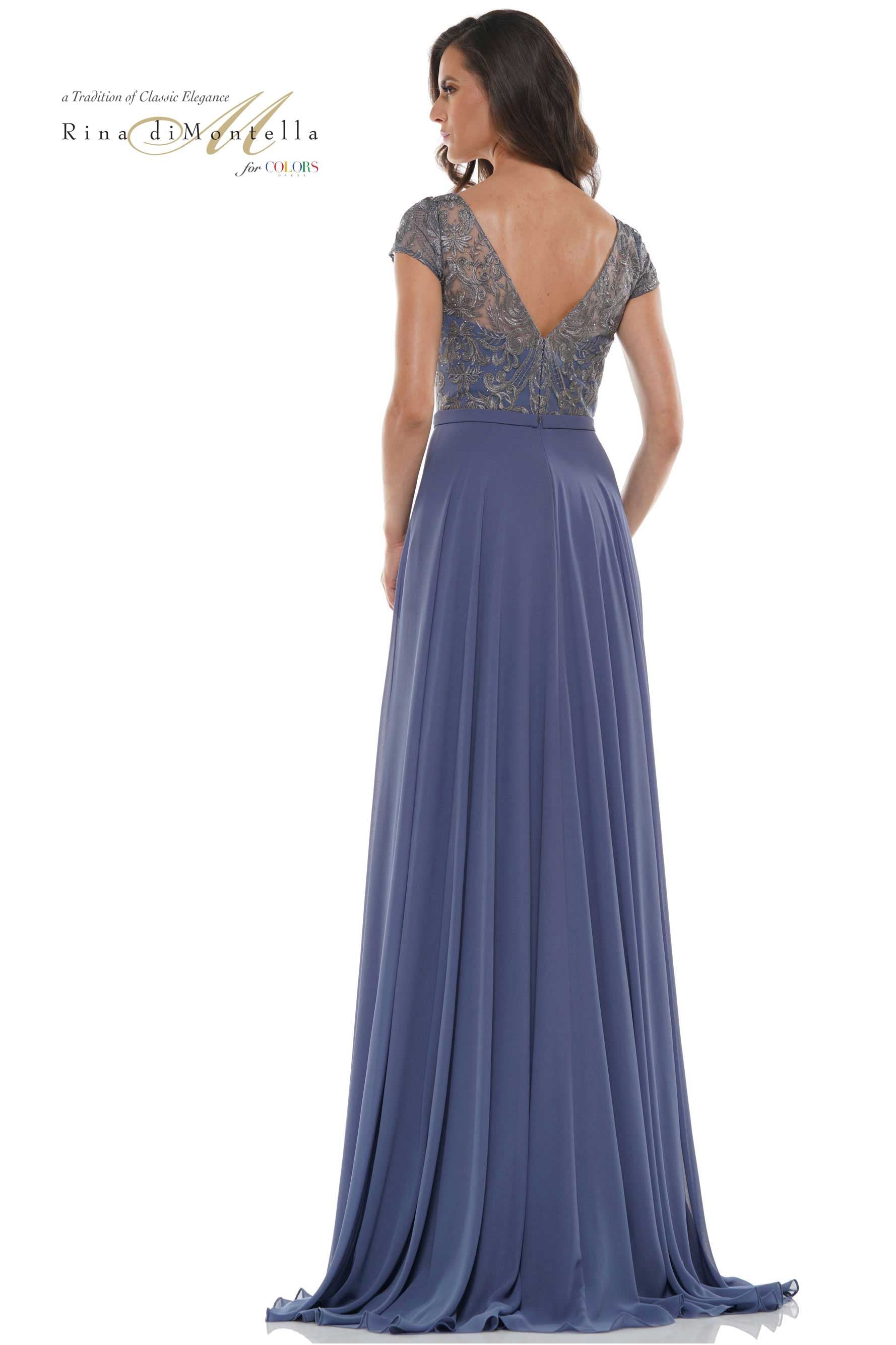 Rina Di Montella Sheer Neck Embroidered Bodice Chiffon Gown -RD2719