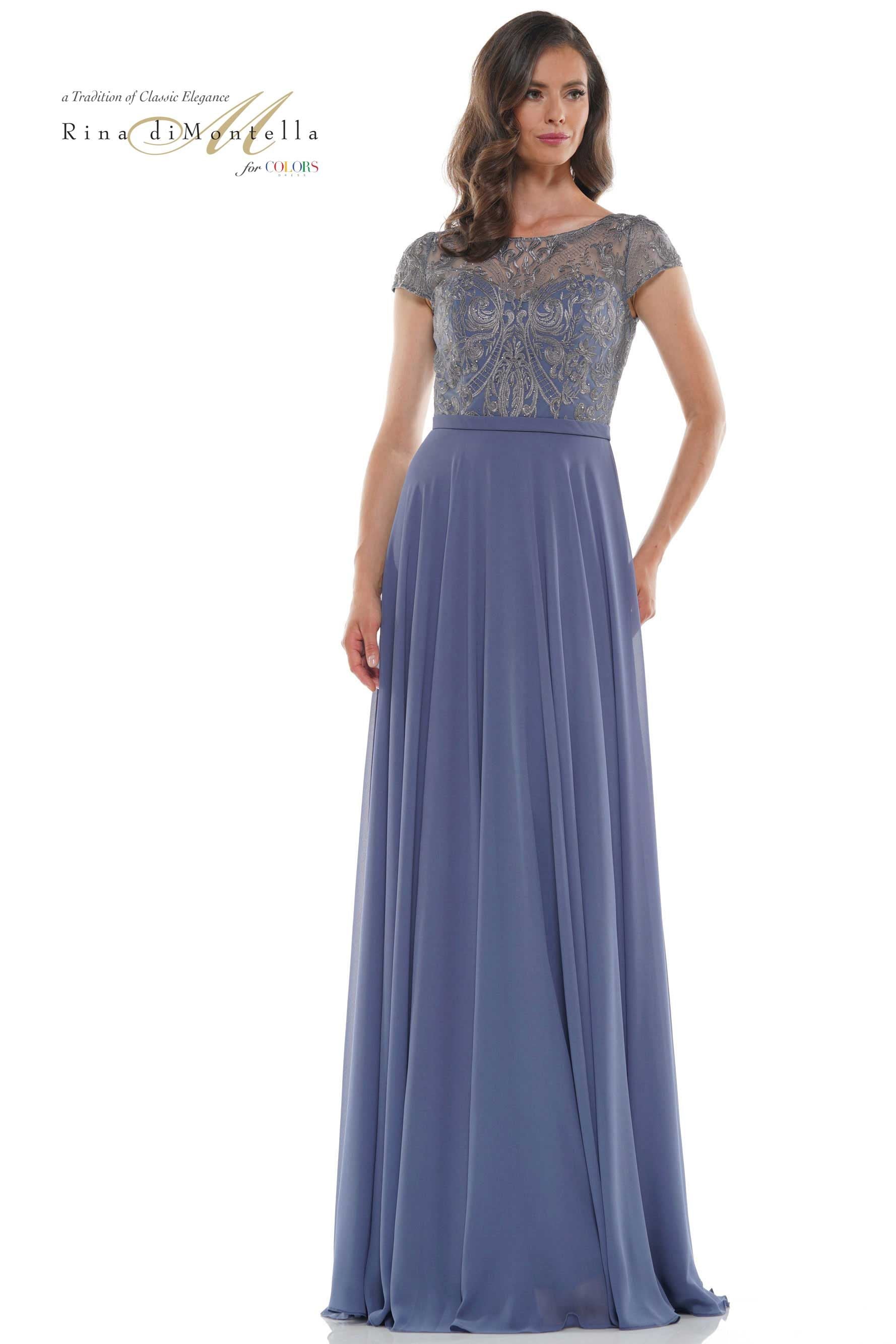 Rina Di Montella Sheer Neck Embroidered Bodice Chiffon Gown -RD2719