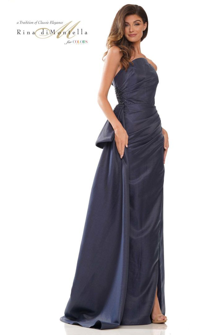 Rina Di Montella -RD2750-1 Beaded Ruched Satin Sheath Dress