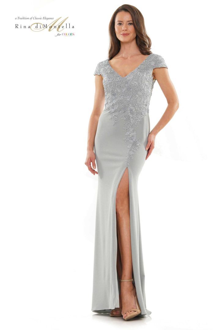 Rina Di Montella -RD2763-1 V-Neck Applique Sheath Dress