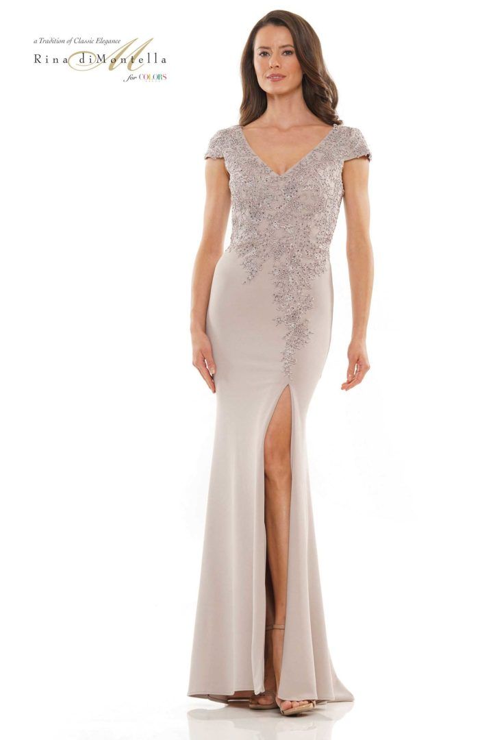 Rina Di Montella -RD2763-1 V-Neck Applique Sheath Dress