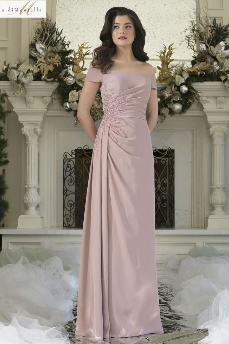 Rina Di Montella -RD2806A-1 A Line Off Shoulder Crepe Fit And Flare Dress With Beaded On Waist