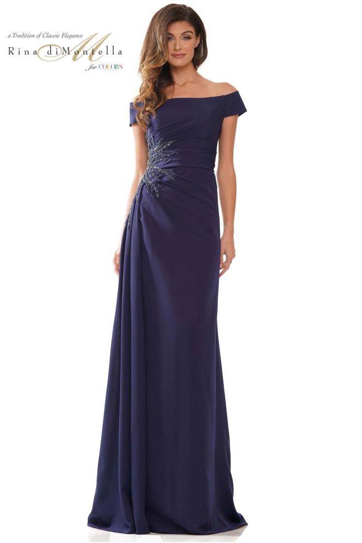 Rina Di Montella -RD2806A-1 A Line Off Shoulder Crepe Fit And Flare Dress With Beaded On Waist