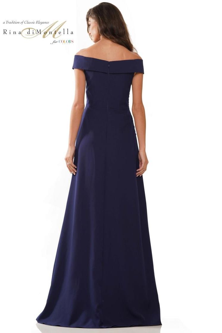 Rina Di Montella -RD2806A A Line Off Shoulder Crepe Fit And Flare Dress With Beaded On Waist