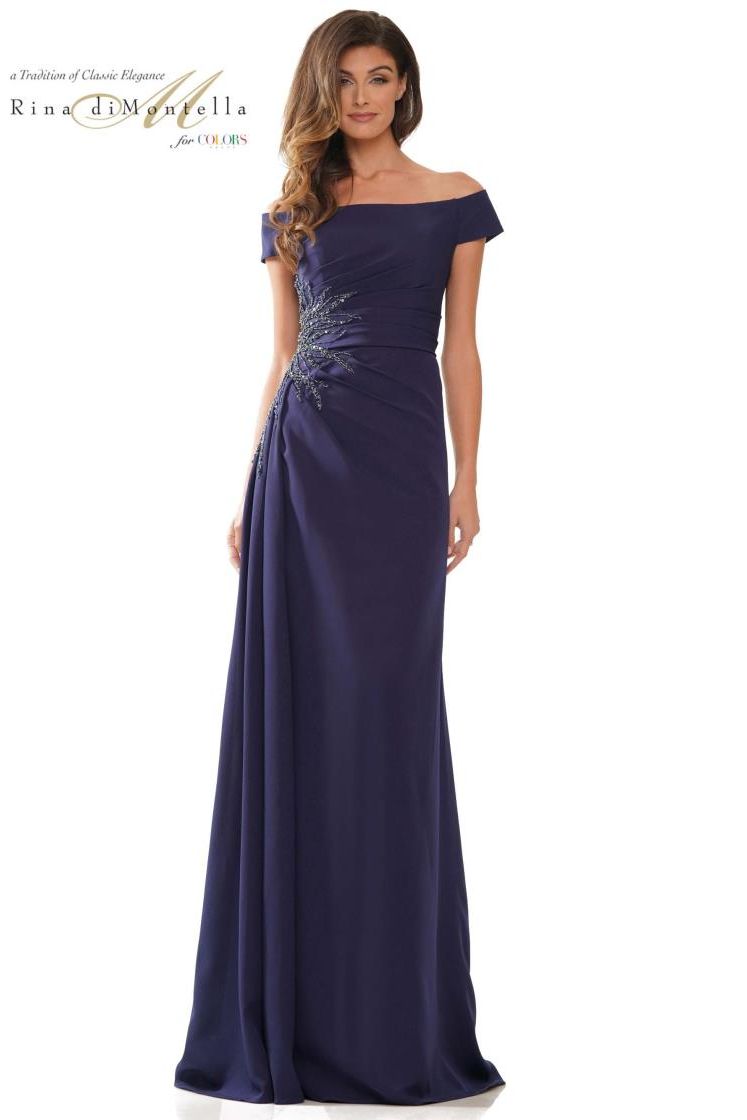 Rina Di Montella -RD2806A-1 A Line Off Shoulder Crepe Fit And Flare Dress With Beaded On Waist