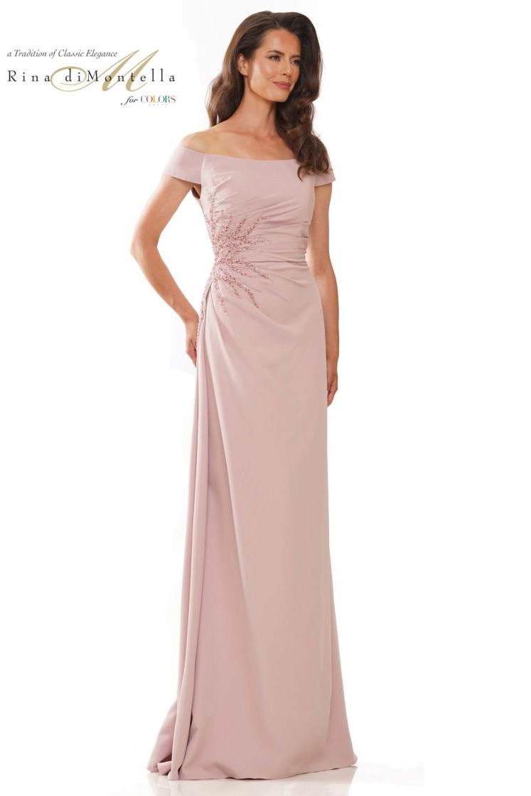 Rina Di Montella -RD2806A-1 A Line Off Shoulder Crepe Fit And Flare Dress With Beaded On Waist