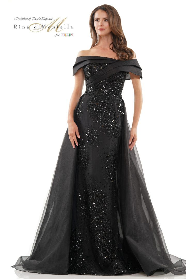 Rina Di Montella -RD2816-1 Beaded Orangza Off Shoulder Overskirt Dress