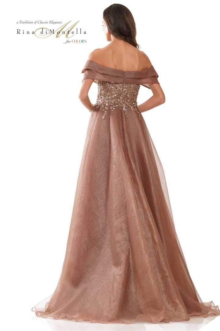 Rina Di Montella -RD2816-1 Beaded Orangza Off Shoulder Overskirt Dress