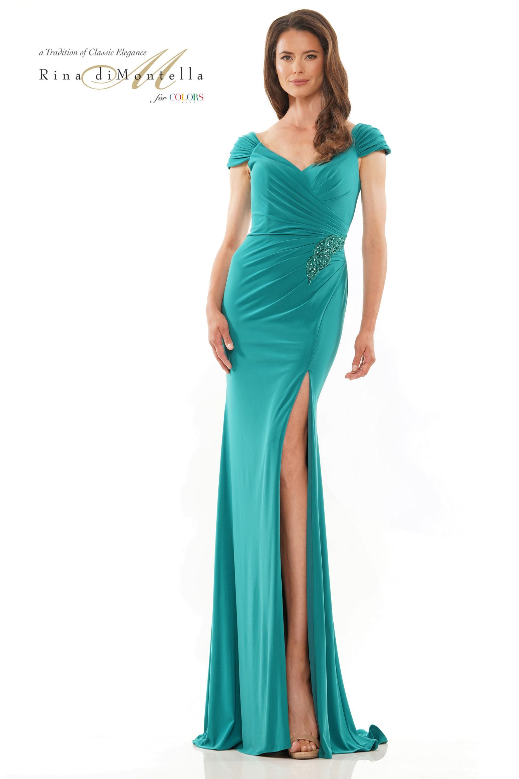 Rina Di Montella Cap Sleeve V-Neck Sheath Formal Gown -RD2824