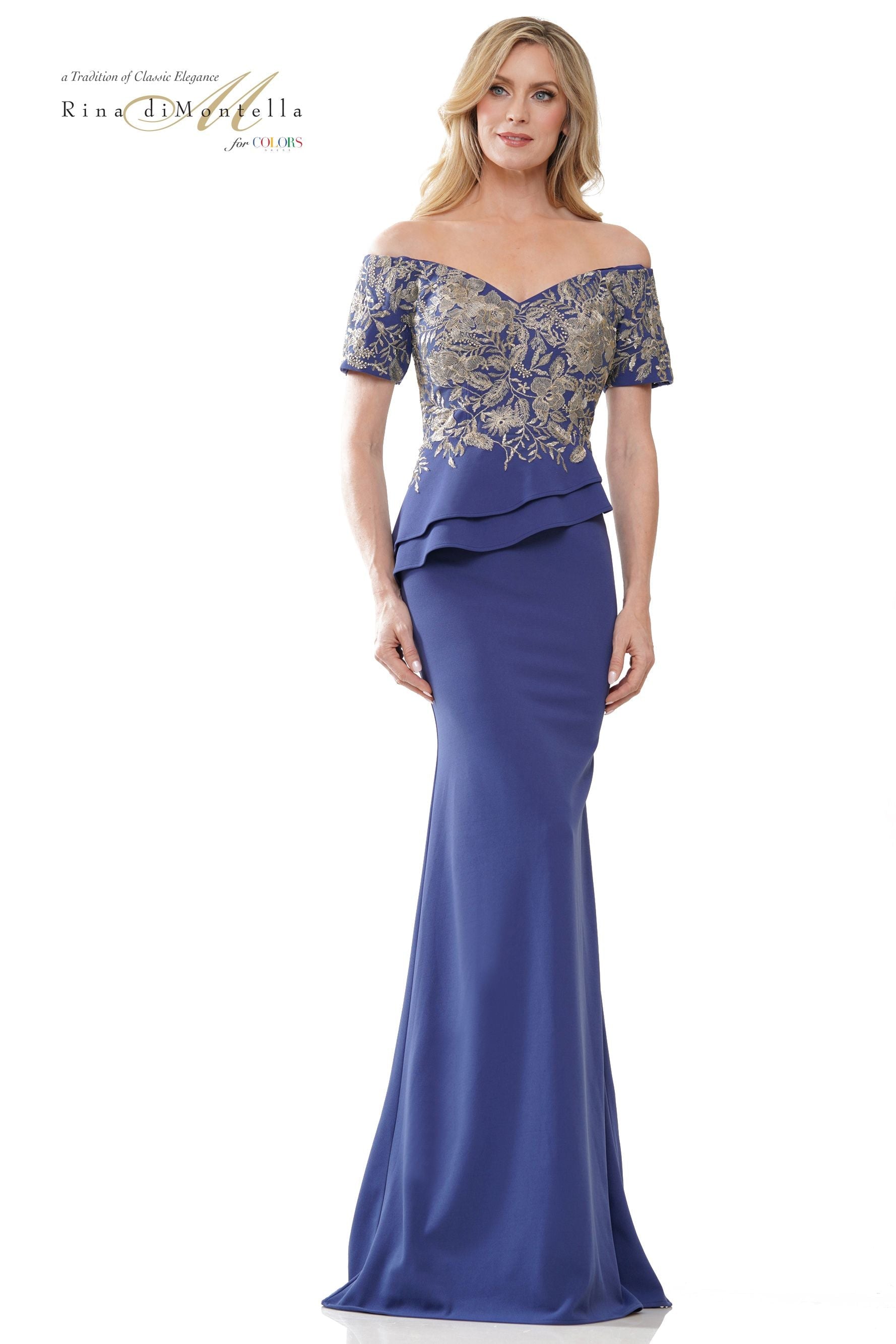 Rina Di Montella-RD2918-1 Fitted Crepe Peplum V-Neck Long Dress