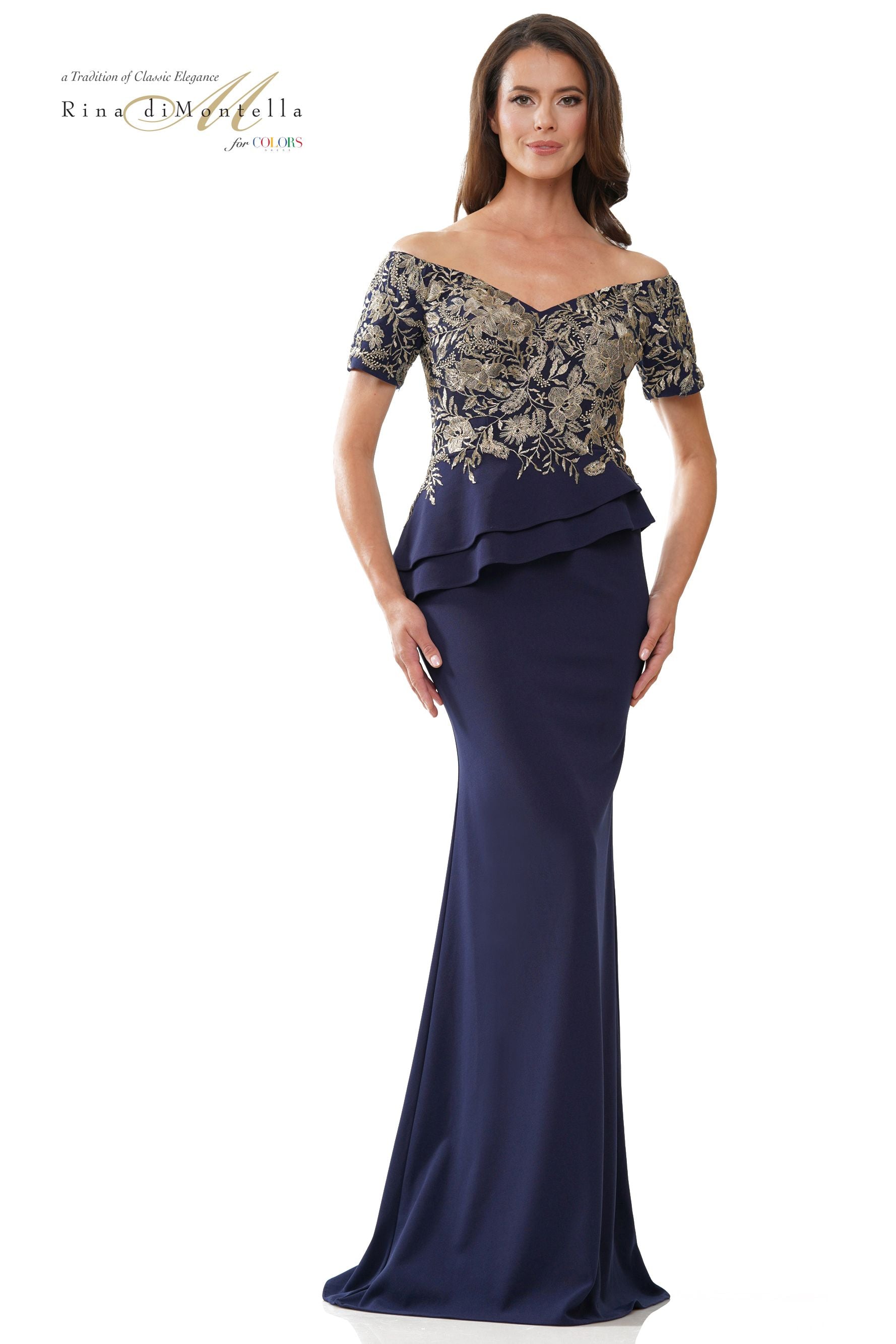 Rina Di Montella-RD2918-1 Fitted Crepe Peplum V-Neck Long Dress