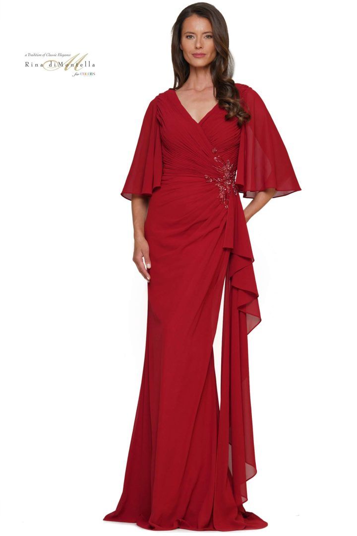 Rina Di Montella -RD2935-1 V-Neck Chiffon Ruched Evening Dress