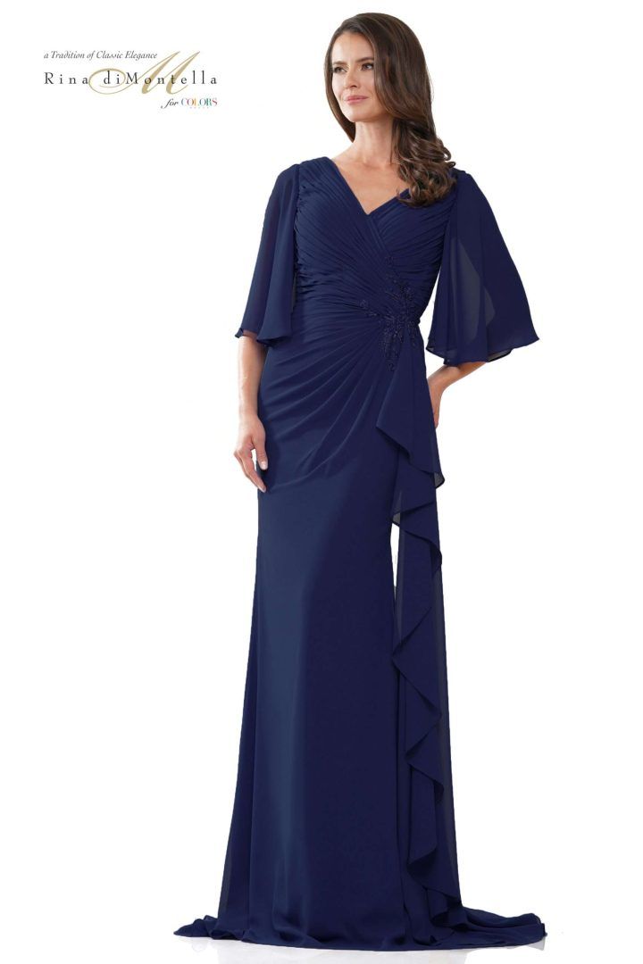 Rina Di Montella -RD2935-1 V-Neck Chiffon Ruched Evening Dress