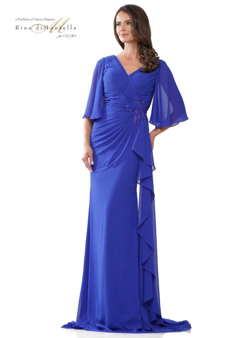 Rina Di Montella -RD2935-1 V-Neck Chiffon Ruched Evening Dress