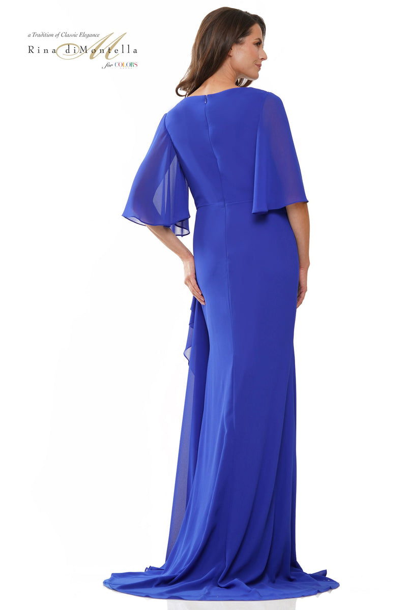 Rina Di Montella Fitted Chiffon 3/4 Length Sleeve V-Neck Long Dress -RD2935