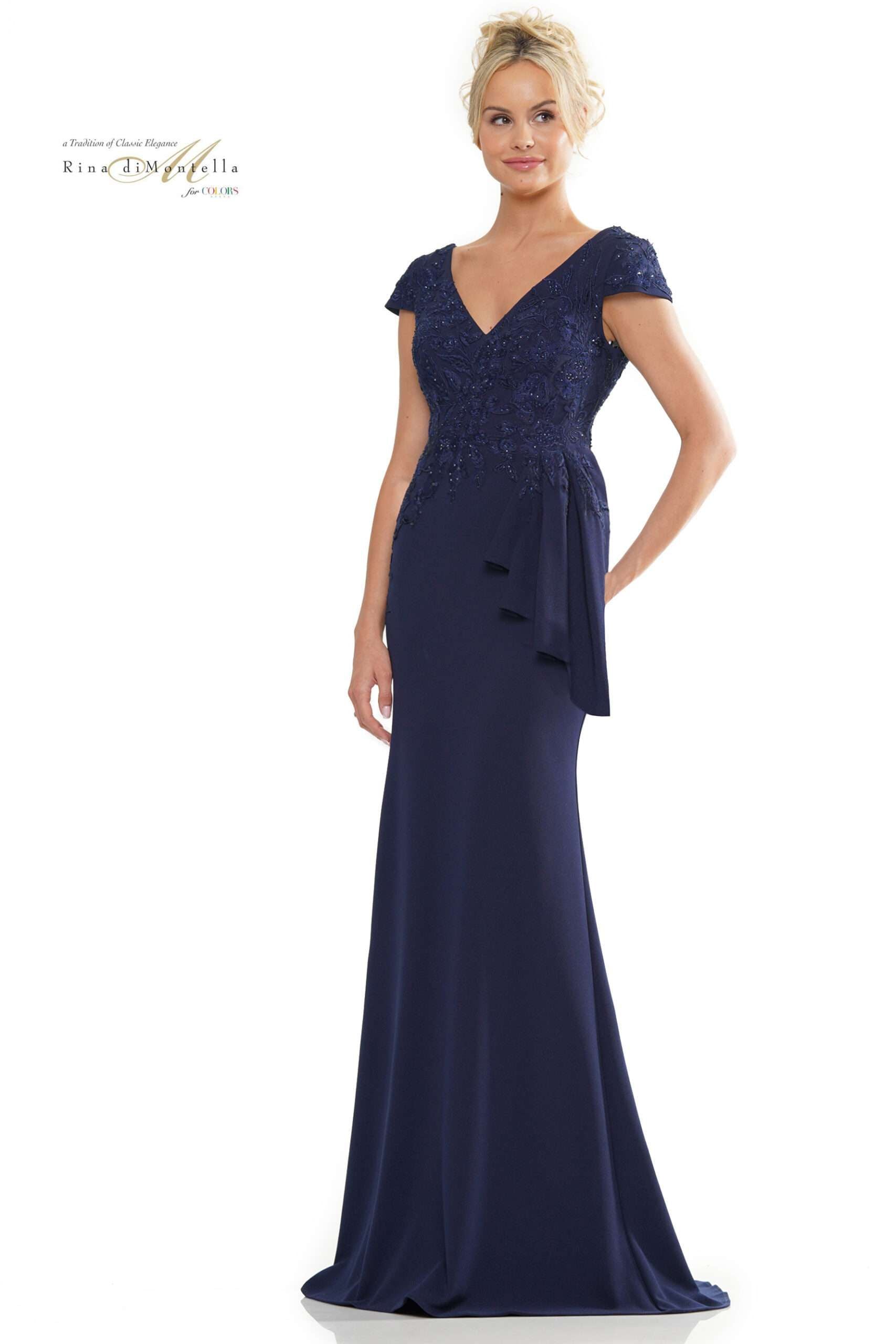 Rina Di Montella -RD2960 Cap Sleeves Ruffle Sash Flare Gown